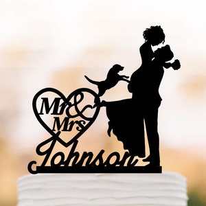 Personalized Wedding Cake topper with dog,  groom lifting bride with mr and mrs in heart  funny cake topper, acrylic cake topper