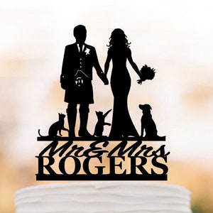 Scottish wedding cake topper with dog, Groom in kilt silhouette cake topper bride and groom silhouette,  gift for bride, gift for groom