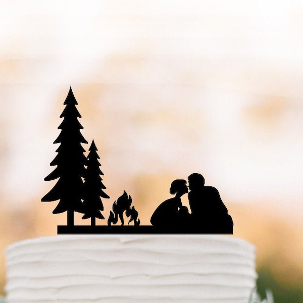 Outdoor camping Wedding Cake topper with tree couple silhouette people cake topper bride and groom fire cake topper tree cake topper