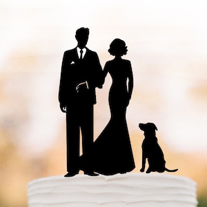 bridal shower cake decor, Bride and groom silhouette Wedding Cake topper with dog, funny wedding cake topper unique cake topper
