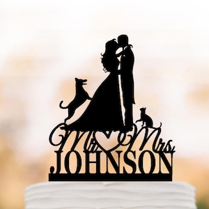 Customized Wedding Cake topper with cat and  German Shepherd dog, bride and groom silhouette unique funny wedding cake topper figurine