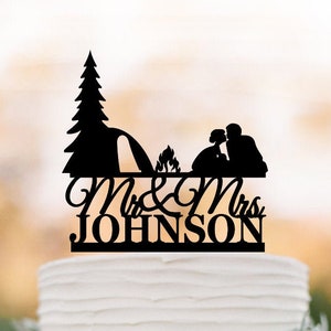 Outdoor camping custom Wedding Cake topper with tree couple silhouette people cake topper bride and groom fire tent tree cake topper