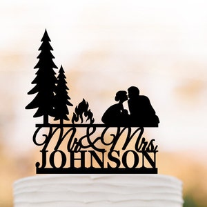 Outdoor camping custom Wedding Cake topper with tree couple silhouette people cake topper bride and groom fire cake topper tree cake topper