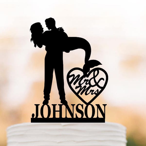 Wedding cake topper mermaid silhouette mr and mrs with custom name wedding cake toppers