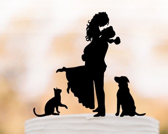 Bride and groom silhouette Wedding Cake topper with cat, topper with dog cake topper for wedding, groom lifting bride