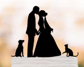 Bride and groom kissing Wedding Cake topper dog and cat,  couple kissing silhouette, dog cake topper acrylic cat cake topper