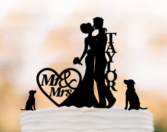 Personalized Wedding Cake topper with 2 dogs, mr and mrs,bride and groom silhouette , custom name cake topper for wedding
