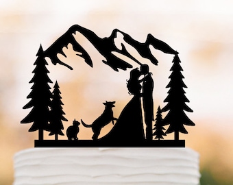 Outdoor wedding cake topper mountain with dog and cat, cake topper tree,bride and groom  silhouette cake topper outdoor wedding theme