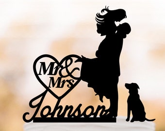 Personalized Wedding Cake topper with dog, Bride and groom silhouette with mr and mrs, 28 different dogs and silver mirror available