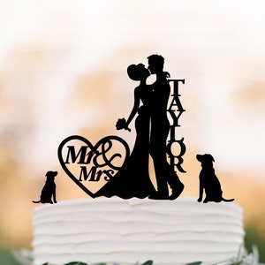 Personalized Wedding Cake topper with 2 dogs, mr and mrs,bride and groom silhouette , custom name cake topper for wedding