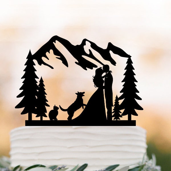 Outdoor wedding cake topper mountain with dog and cat, cake topper tree,bride and groom  silhouette cake topper outdoor wedding theme