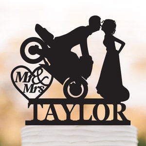 Motorbike Wedding Cake topper motor,  personalized wedding cake topper name. unique wedding cake topper, heart decor
