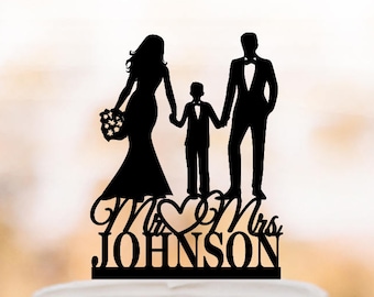 Family Wedding Cake topper with boy, Personalized wedding cake toppers, mr and mrs wedding cake toppers with child silhouette