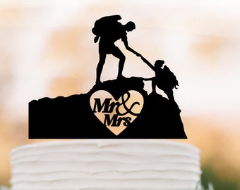 Hiking Couple climbing mountain wedding cake topper Backpacking Bride and Groom outdoor wedding Mr andm mrs Wedding Cake Topper