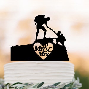 Hiking Couple climbing mountain wedding cake topper Backpacking Bride and Groom outdoor wedding Mr andm mrs Wedding Cake Topper