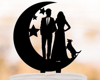 Moon and star night Wedding Cake topper with custom dog, Bride and groom silhouette , funny cake topper, unique cake topper, groom with suit