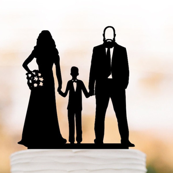 Family Wedding Cake topper bride and groom with boy bald groom with beard silhouette heavy groom, funny wedding cake toppers with kid