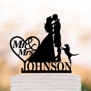 Scottish Wedding cake topper Bride and groom with kilt silhouette Wedding Cake toppers with dog, groom wears kilt custom cake topper