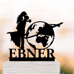 Travel themed Wedding cake topper with custom name, world map cake topper, airplane personalized cake topper bride and groom silhouette