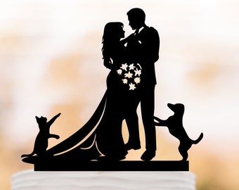 Silhouette Wedding Cake Topper, Bride and Groom Cake topper with dog and cat, Rustic Wedding Silhouette With pets, Custom Topper