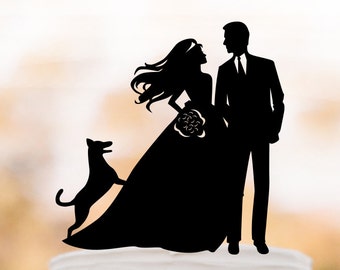 Bride and groom silhouette Wedding Cake topper with dog, funny wedding cake toppers silhouette,
