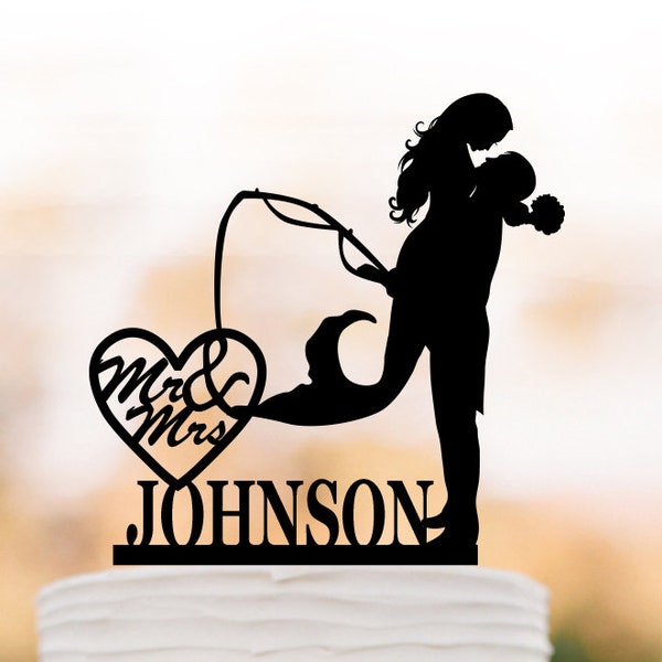 mermaid personalized Wedding cake topper Fishing, mermaid wedding cake topper, mr and mrs cake topper, Fisherman cake topper, groom bride