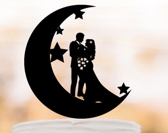 Moon and star Wedding Cake topper,  Bride and groom silhouette , funny cake topper, unique cake topper,