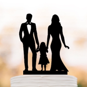 Family Wedding Cake topper with toddler girl, bride and groom with doughter silhouette, funny cake toppers with child