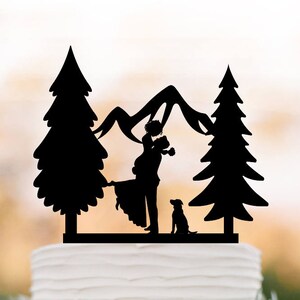 Outdoors wedding cake topper mountain with dog, cake topper tree, cake topper with dog, silhouette cake topper anniversary gift,