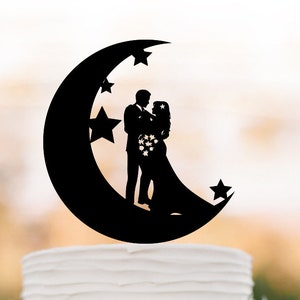 Moon and star Wedding Cake topper,  Bride and groom silhouette , funny cake topper, unique cake topper,