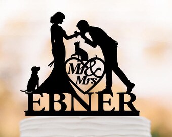 Customized Wedding Cake Topper With Dog and cat, Personalized Cake Topper for Wedding , silhouette cake toppers with heart cake decor