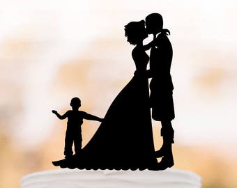 Scottish Wedding Bride and groom with kilt silhouette Wedding Cake toppers with boy, groom wears kilt wedding cake toppers with son unique,