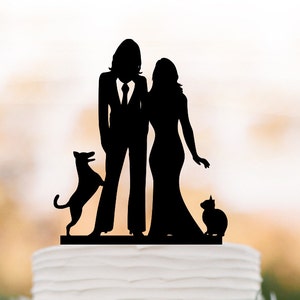 Lesbian wedding Cake topper with cat and dog. same sex wedding cake topper mrs and mrs, couple silhouette, funny wedding cake topper unique