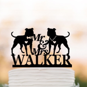pitbull wedding cake topper with custom name, personalized cake topper, 2 pitbull cake topper, two dog cake topper