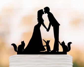 Wedding Cake topper with cat bride and groom Silhouette , Cake Toppers with 3 cats, couple  silhouette, cat cake toppers