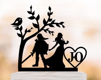 Link and Zelda cake topper Elf and Princess silhouette Personalized Wedding Anniversary Cake Topper initial , wedding gift