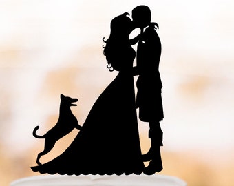 Scottish Wedding Bride and groom with kilt silhouette Wedding Cake toppers with dog, groom wears kilt wedding cake toppers unique,