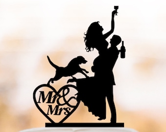 Drunk Bride Wedding Cake topper with dog, bride and groom silhouette, mr and mrs in heart, funny people figurine cake decor