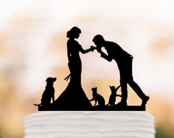 Wedding Cake Topper Dog and 2 cats, bride and groom Cake Topper for Wedding , silhouette cake toppers with heart cake decor