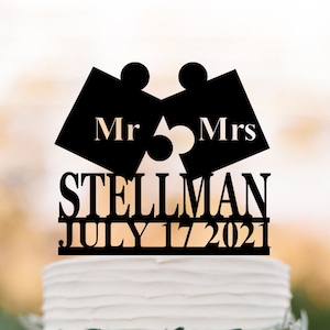 puzzle piece themed Personalized Wedding Cake topper date name with mr and mrs cake topper custom wedding cake topper puzzle cake topper