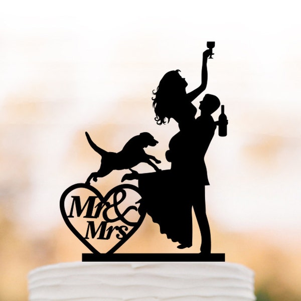 Drunk Bride Wedding Cake topper with dog, bride and groom silhouette, mr and mrs in heart, funny people figurine cake decor