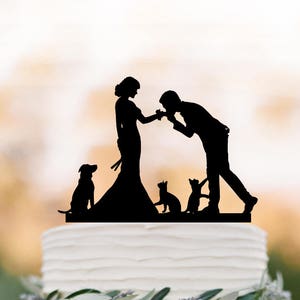 Wedding Cake Topper Dog and 2 cats, bride and groom Cake Topper for Wedding , silhouette cake toppers with heart cake decor