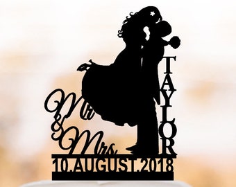 Personalized Wedding Cake topper mr and mrs name and date, Cake Toppers with bride and groom silhouette, funny