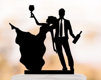 Funny wedding cake topper drunk bride and groom silhouette, brunk couple with wine bottle and glass cake topper, unique cake topper