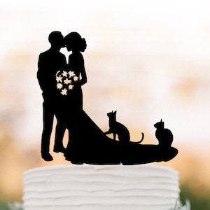 Wedding Cake topper with cats, bride and groom wedding cake topper silhouette, cat cake topper black acrylic 2 cats