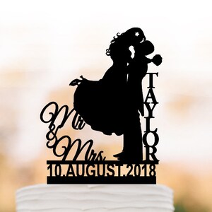 Personalized Wedding Cake topper mr and mrs name and date, Cake Toppers with bride and groom silhouette, funny