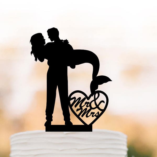 mr and mrs in heart Wedding cake topper mermaid silhouette with custom name wedding cake toppers