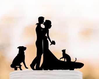 bride and groom silhouette Wedding Cake topper cat and dog, Cake Toppers with dog, couple silhouette,