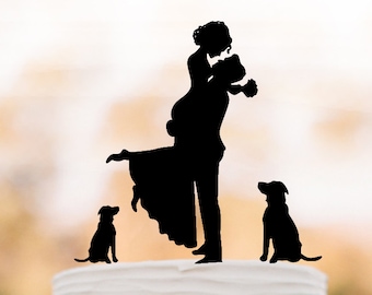 Unique Wedding Cake topper 2 dogs, Cake Toppers with Groom lifting bride, funny wedding cake toppers silhouette, two dog cake topper