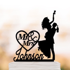 Drunk Bride Wedding Cake topper mr and mrs, bride and groom silhouette, personalized wedding cake topper name, funny cake topper figurine